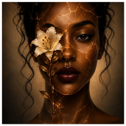 A close-up portrait of a woman's face with dark curly hair, a white lily flower over one eye, and glowing gold crack-like lines across her skin against a warm brown background.