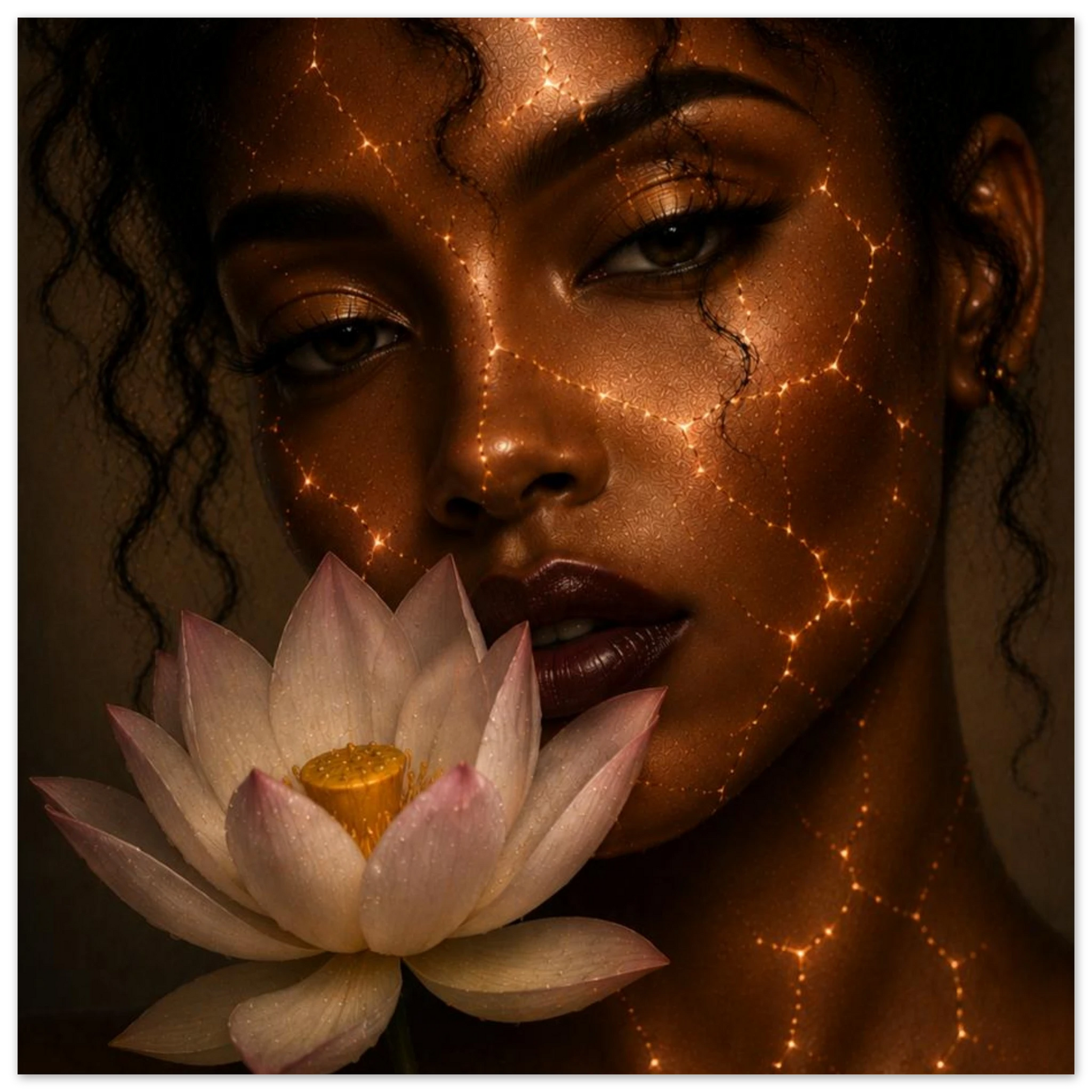 A close-up portrait of a woman with dramatic warm lighting and glowing gold vein-like lines across her face and neck, holding a pale pink lotus flower near her mouth.