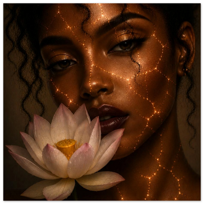 A close-up portrait of a woman with dramatic warm lighting and glowing gold vein-like lines across her face and neck, holding a pale pink lotus flower near her mouth.