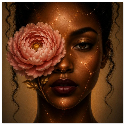A close-up portrait of a woman with dark curly hair, a large pale pink flower over one eye, and gold spark-like lines drawn across her face, set against a warm brown background.