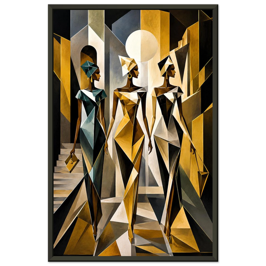 A framed abstract art print featuring three stylized geometric figures in a modern architectural scene, rendered in black, gold, beige, and gray tones, shown against a transparent background.