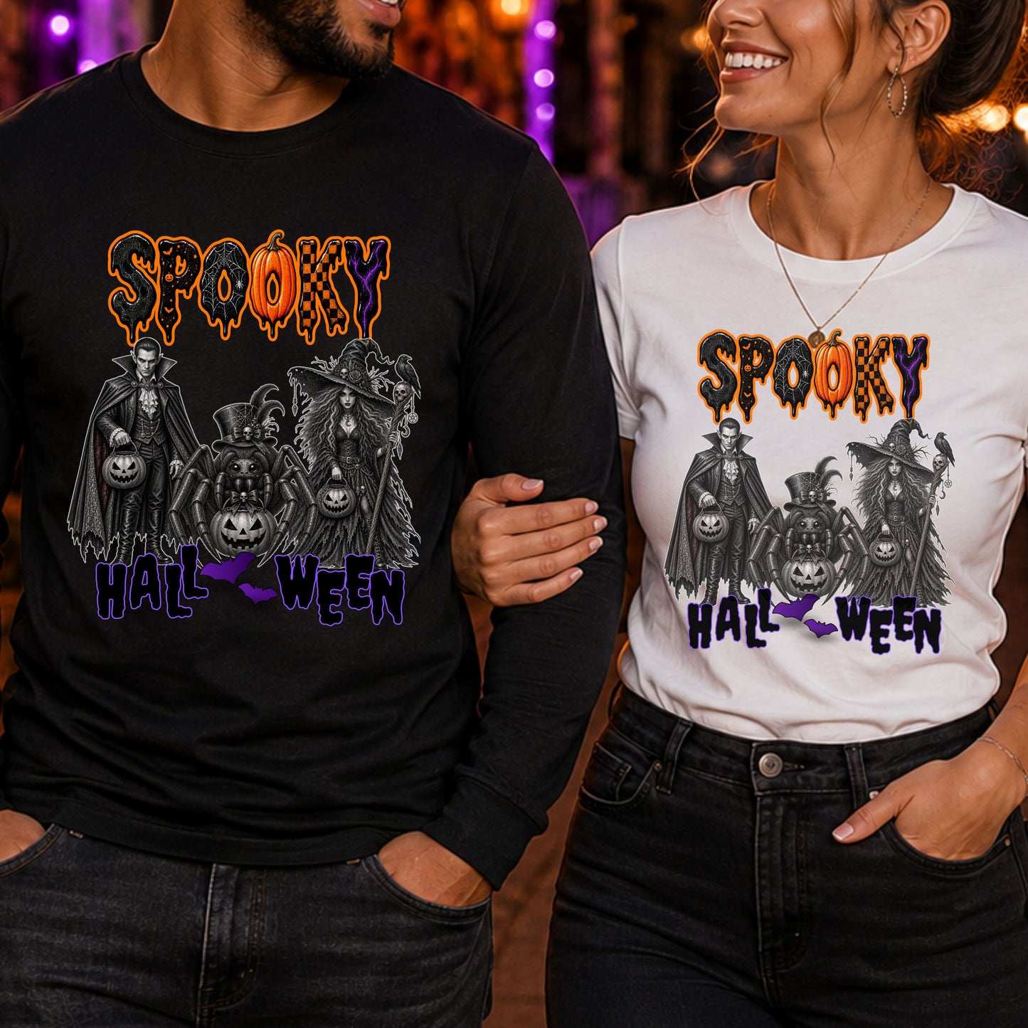 A man and a woman standing side by side, both wearing matching graphic t-shirts with a Halloween theme. The man wears a black long-sleeve shirt and the woman wears a white short-sleeve shirt, both featuring a graphic of three ghosts and the words 'SPOOKY HALLOWEEN' in orange, purple, and black.