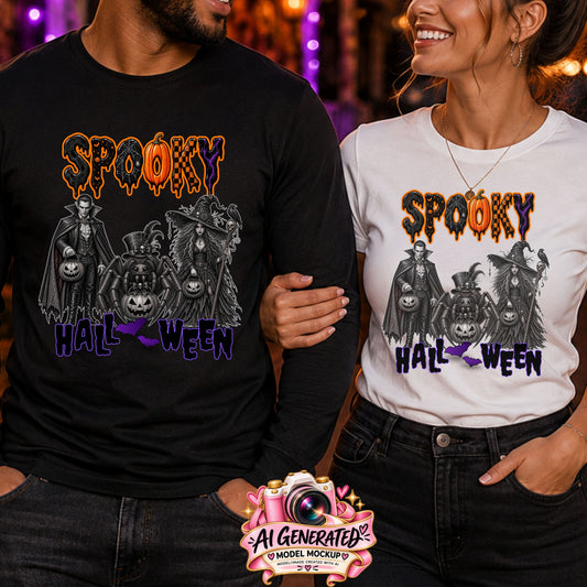 A man and a woman wearing matching Halloween-themed graphic t-shirts. The man wears a black long-sleeve shirt with a 'Spooky Halloween' design, and the woman wears a white short-sleeve shirt with the same design.