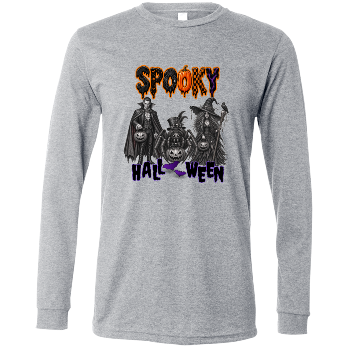 Athletic Heather Long Sleeve Gothic Halloween design featuring a vampire, witch, and large spider surrounded by jack-o'-lanterns, ravens, skulls, spiderwebs, and gothic details, with bold dripping “SPOOKY” lettering in orange and black at the top and “HALLOWEEN” lettering in purple at the bottom on a transparent background