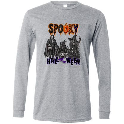 Athletic Heather Long Sleeve Gothic Halloween design featuring a vampire, witch, and large spider surrounded by jack-o'-lanterns, ravens, skulls, spiderwebs, and gothic details, with bold dripping “SPOOKY” lettering in orange and black at the top and “HALLOWEEN” lettering in purple at the bottom on a transparent background