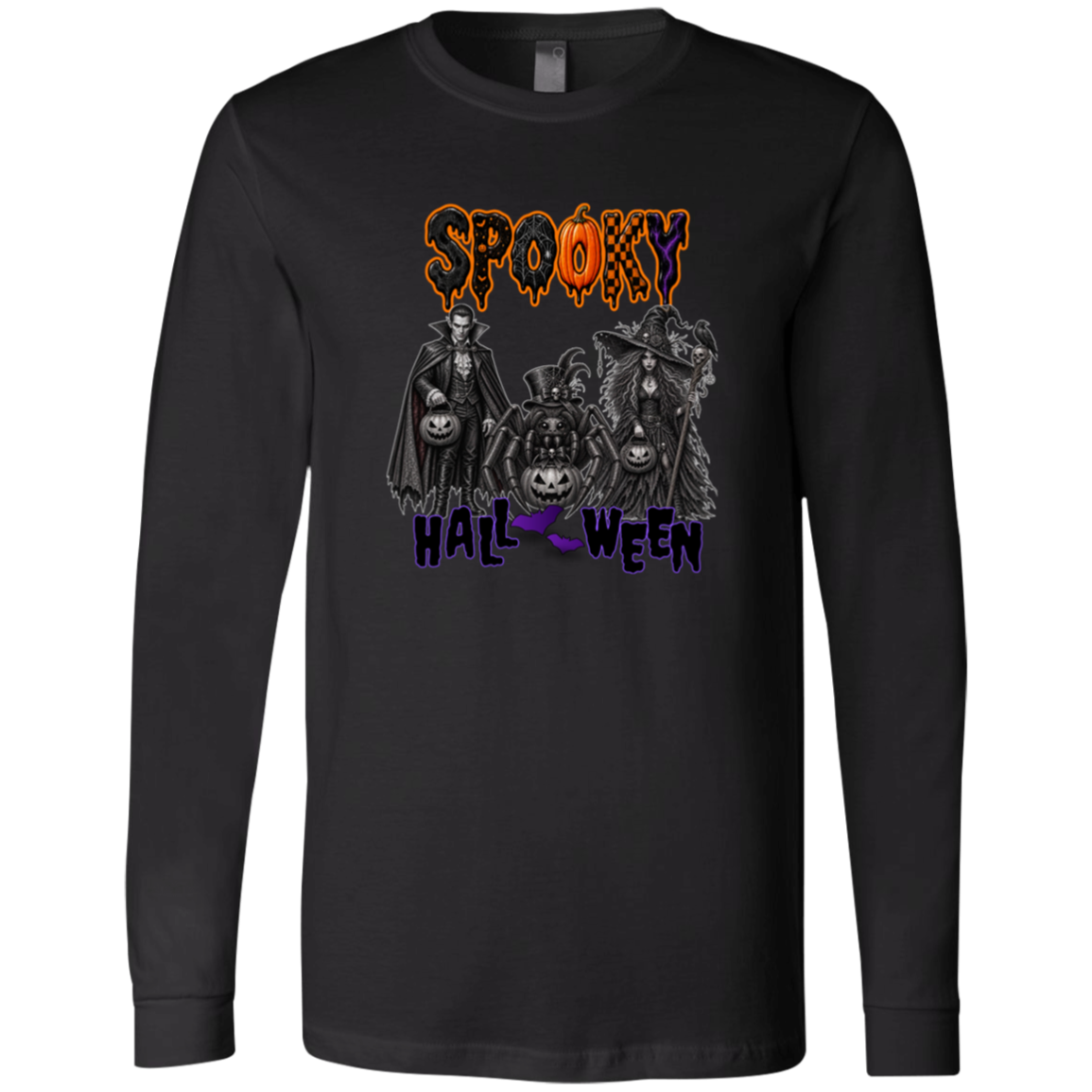 Black Long Sleeve Gothic Halloween design featuring a vampire, witch, and large spider surrounded by jack-o'-lanterns, ravens, skulls, spiderwebs, and gothic details, with bold dripping “SPOOKY” lettering in orange and black at the top and “HALLOWEEN” lettering in purple at the bottom on a transparent background