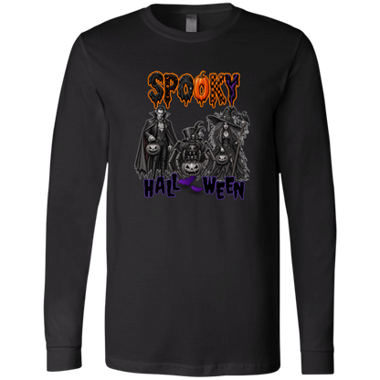 Black Long Sleeve Gothic Halloween design featuring a vampire, witch, and large spider surrounded by jack-o'-lanterns, ravens, skulls, spiderwebs, and gothic details, with bold dripping “SPOOKY” lettering in orange and black at the top and “HALLOWEEN” lettering in purple at the bottom on a transparent background