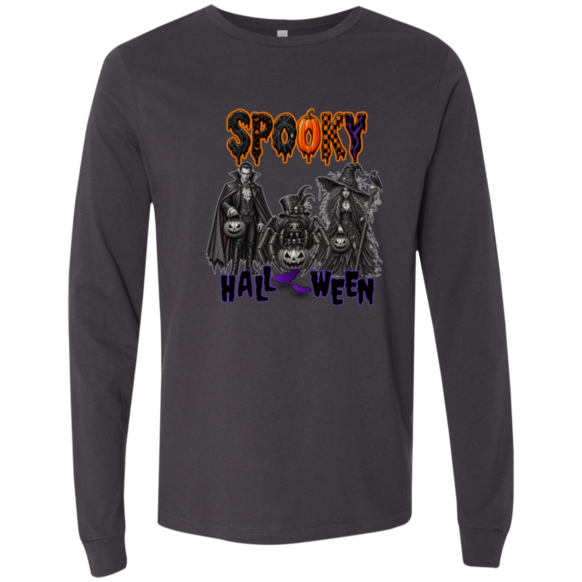 Dark Grey Gothic Halloween design featuring a vampire, witch, and large spider surrounded by jack-o'-lanterns, ravens, skulls, spiderwebs, and gothic details, with bold dripping “SPOOKY” lettering in orange and black at the top and “HALLOWEEN” lettering in purple at the bottom on a transparent background