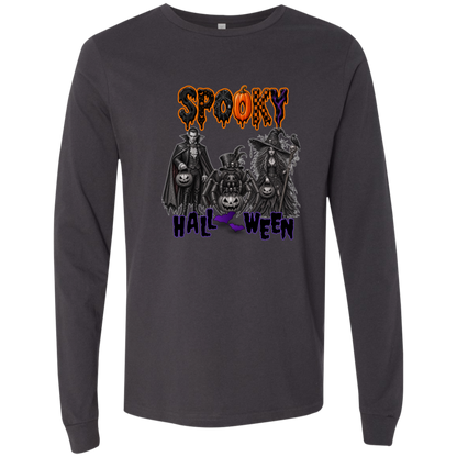 Dark Grey Gothic Halloween design featuring a vampire, witch, and large spider surrounded by jack-o'-lanterns, ravens, skulls, spiderwebs, and gothic details, with bold dripping “SPOOKY” lettering in orange and black at the top and “HALLOWEEN” lettering in purple at the bottom on a transparent background