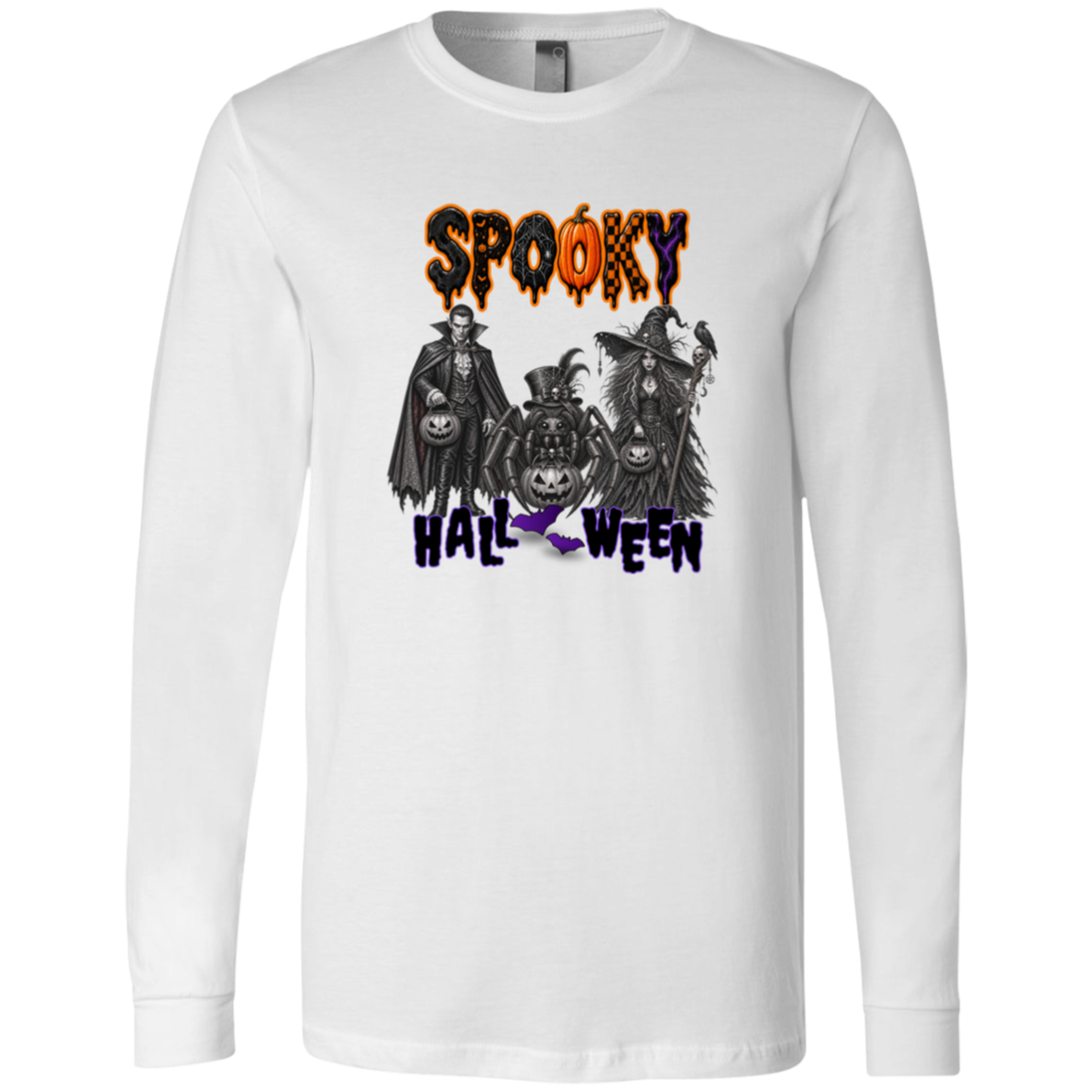 White Long Sleeve Gothic Halloween design featuring a vampire, witch, and large spider surrounded by jack-o'-lanterns, ravens, skulls, spiderwebs, and gothic details, with bold dripping “SPOOKY” lettering in orange and black at the top and “HALLOWEEN” lettering in purple at the bottom on a transparent background