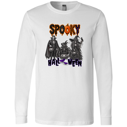 White Long Sleeve Gothic Halloween design featuring a vampire, witch, and large spider surrounded by jack-o'-lanterns, ravens, skulls, spiderwebs, and gothic details, with bold dripping “SPOOKY” lettering in orange and black at the top and “HALLOWEEN” lettering in purple at the bottom on a transparent background