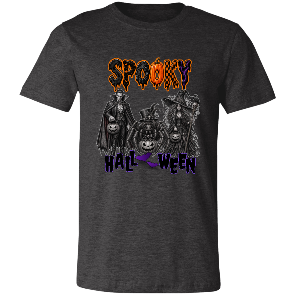 Unisex Dark Grey Heather Gothic Halloween design featuring a vampire, witch, and large spider surrounded by jack-o'-lanterns, ravens, skulls, spiderwebs, and gothic details, with bold dripping “SPOOKY” lettering in orange and black at the top and “HALLOWEEN” lettering in purple at the bottom on a transparent background