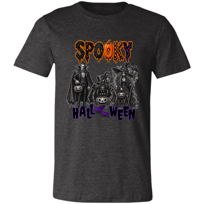 Unisex Dark Grey Heather Gothic Halloween design featuring a vampire, witch, and large spider surrounded by jack-o'-lanterns, ravens, skulls, spiderwebs, and gothic details, with bold dripping “SPOOKY” lettering in orange and black at the top and “HALLOWEEN” lettering in purple at the bottom on a transparent background