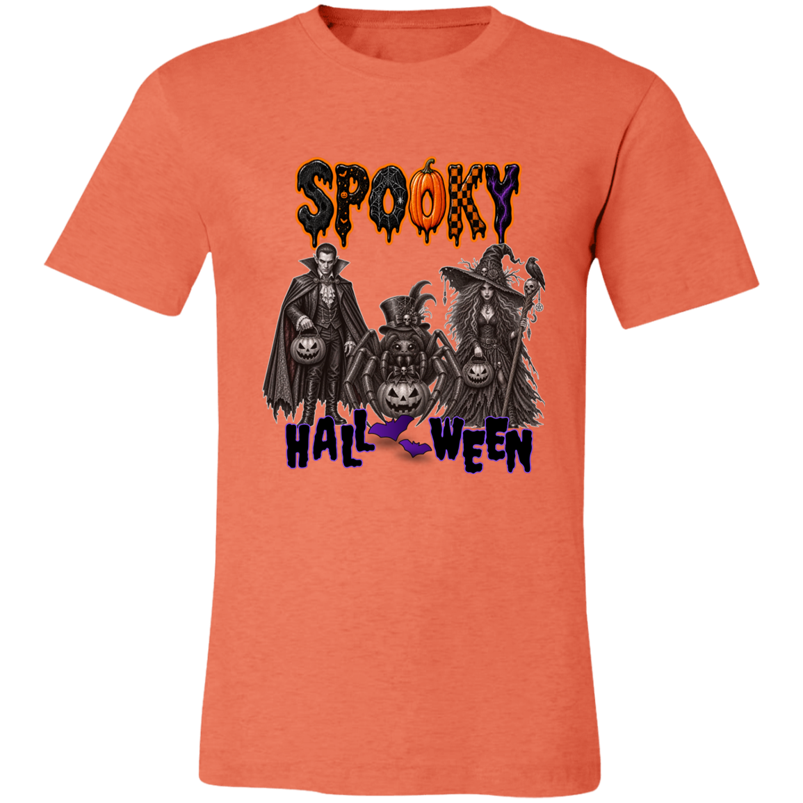 Unisex Heather Orange Gothic Halloween design featuring a vampire, witch, and large spider surrounded by jack-o'-lanterns, ravens, skulls, spiderwebs, and gothic details, with bold dripping “SPOOKY” lettering in orange and black at the top and “HALLOWEEN” lettering in purple at the bottom on a transparent background