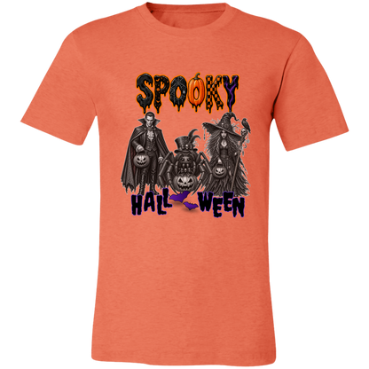 Unisex Heather Orange Gothic Halloween design featuring a vampire, witch, and large spider surrounded by jack-o'-lanterns, ravens, skulls, spiderwebs, and gothic details, with bold dripping “SPOOKY” lettering in orange and black at the top and “HALLOWEEN” lettering in purple at the bottom on a transparent background
