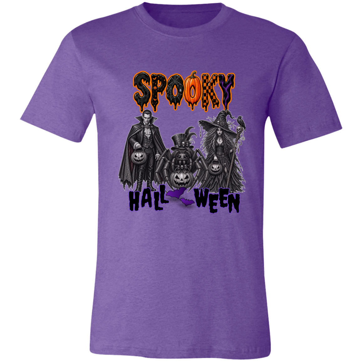 Unisex Heather Purple Gothic Halloween design featuring a vampire, witch, and large spider surrounded by jack-o'-lanterns, ravens, skulls, spiderwebs, and gothic details, with bold dripping “SPOOKY” lettering in orange and black at the top and “HALLOWEEN” lettering in purple at the bottom on a transparent background
