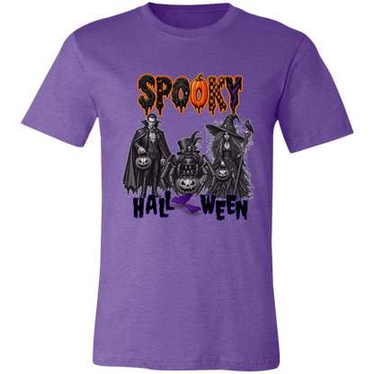 Unisex Heather Purple Gothic Halloween design featuring a vampire, witch, and large spider surrounded by jack-o'-lanterns, ravens, skulls, spiderwebs, and gothic details, with bold dripping “SPOOKY” lettering in orange and black at the top and “HALLOWEEN” lettering in purple at the bottom on a transparent background