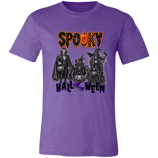 Unisex Heather Purple Gothic Halloween design featuring a vampire, witch, and large spider surrounded by jack-o'-lanterns, ravens, skulls, spiderwebs, and gothic details, with bold dripping “SPOOKY” lettering in orange and black at the top and “HALLOWEEN” lettering in purple at the bottom on a transparent background