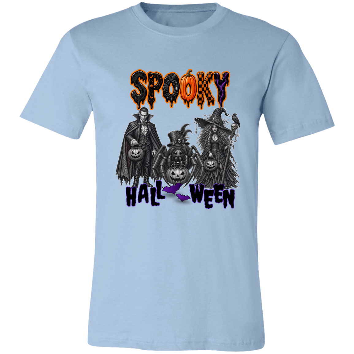 Unisex Light Blue Gothic Halloween design featuring a vampire, witch, and large spider surrounded by jack-o'-lanterns, ravens, skulls, spiderwebs, and gothic details, with bold dripping “SPOOKY” lettering in orange and black at the top and “HALLOWEEN” lettering in purple at the bottom on a transparent background