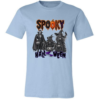 Unisex Light Blue Gothic Halloween design featuring a vampire, witch, and large spider surrounded by jack-o'-lanterns, ravens, skulls, spiderwebs, and gothic details, with bold dripping “SPOOKY” lettering in orange and black at the top and “HALLOWEEN” lettering in purple at the bottom on a transparent background