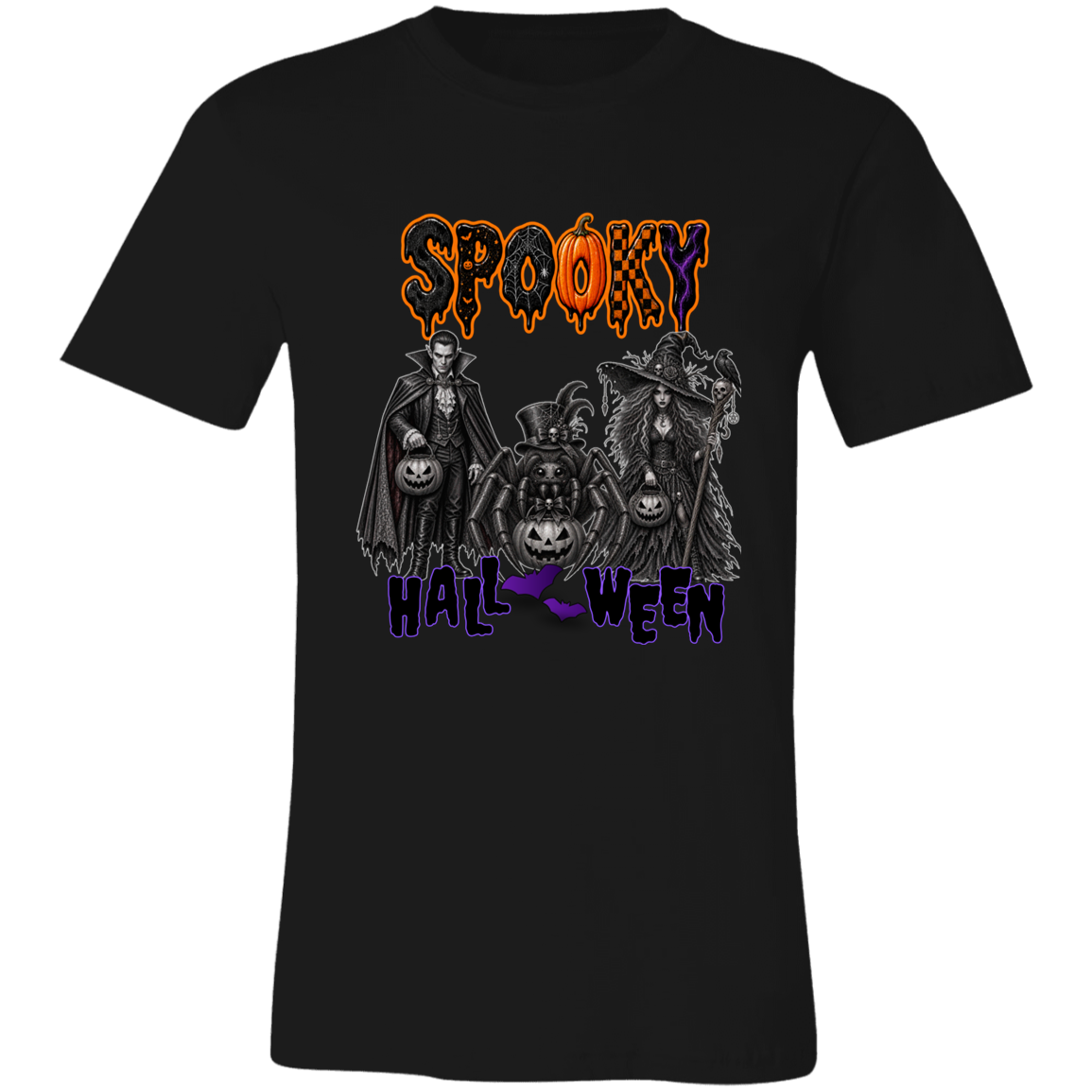 Unisex Vintage Black Gothic Halloween design featuring a vampire, witch, and large spider surrounded by jack-o'-lanterns, ravens, skulls, spiderwebs, and gothic details, with bold dripping “SPOOKY” lettering in orange and black at the top and “HALLOWEEN” lettering in purple at the bottom on a transparent background