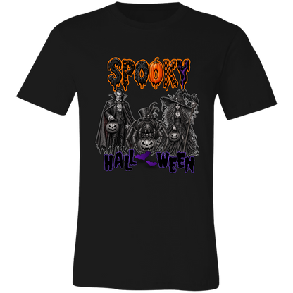Unisex Vintage Black Gothic Halloween design featuring a vampire, witch, and large spider surrounded by jack-o'-lanterns, ravens, skulls, spiderwebs, and gothic details, with bold dripping “SPOOKY” lettering in orange and black at the top and “HALLOWEEN” lettering in purple at the bottom on a transparent background