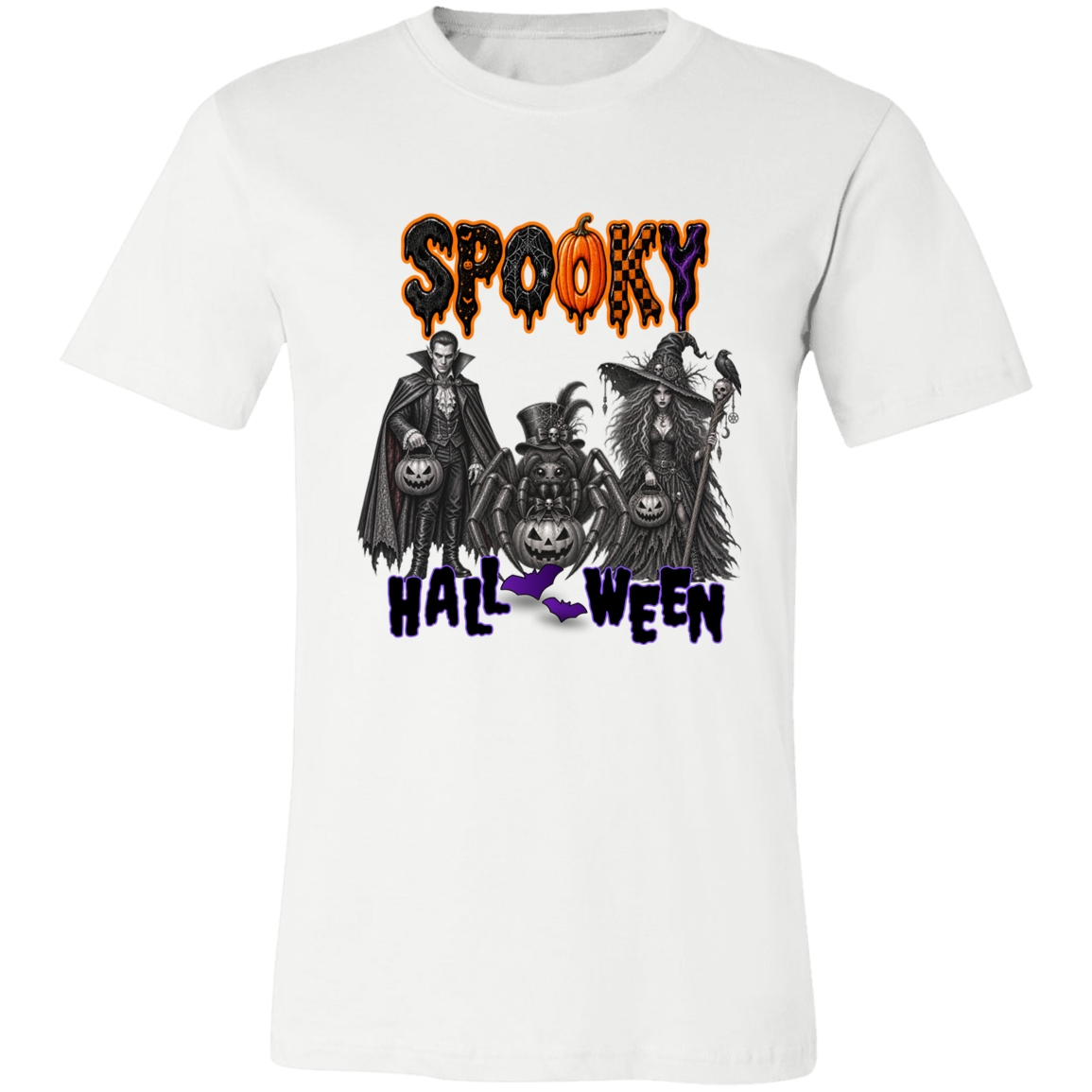 Unisex White Gothic Halloween design featuring a vampire, witch, and large spider surrounded by jack-o'-lanterns, ravens, skulls, spiderwebs, and gothic details, with bold dripping “SPOOKY” lettering in orange and black at the top and “HALLOWEEN” lettering in purple at the bottom on a transparent background