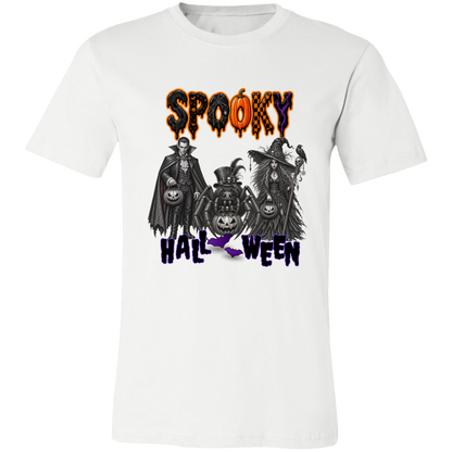 Unisex White Gothic Halloween design featuring a vampire, witch, and large spider surrounded by jack-o'-lanterns, ravens, skulls, spiderwebs, and gothic details, with bold dripping “SPOOKY” lettering in orange and black at the top and “HALLOWEEN” lettering in purple at the bottom on a transparent background