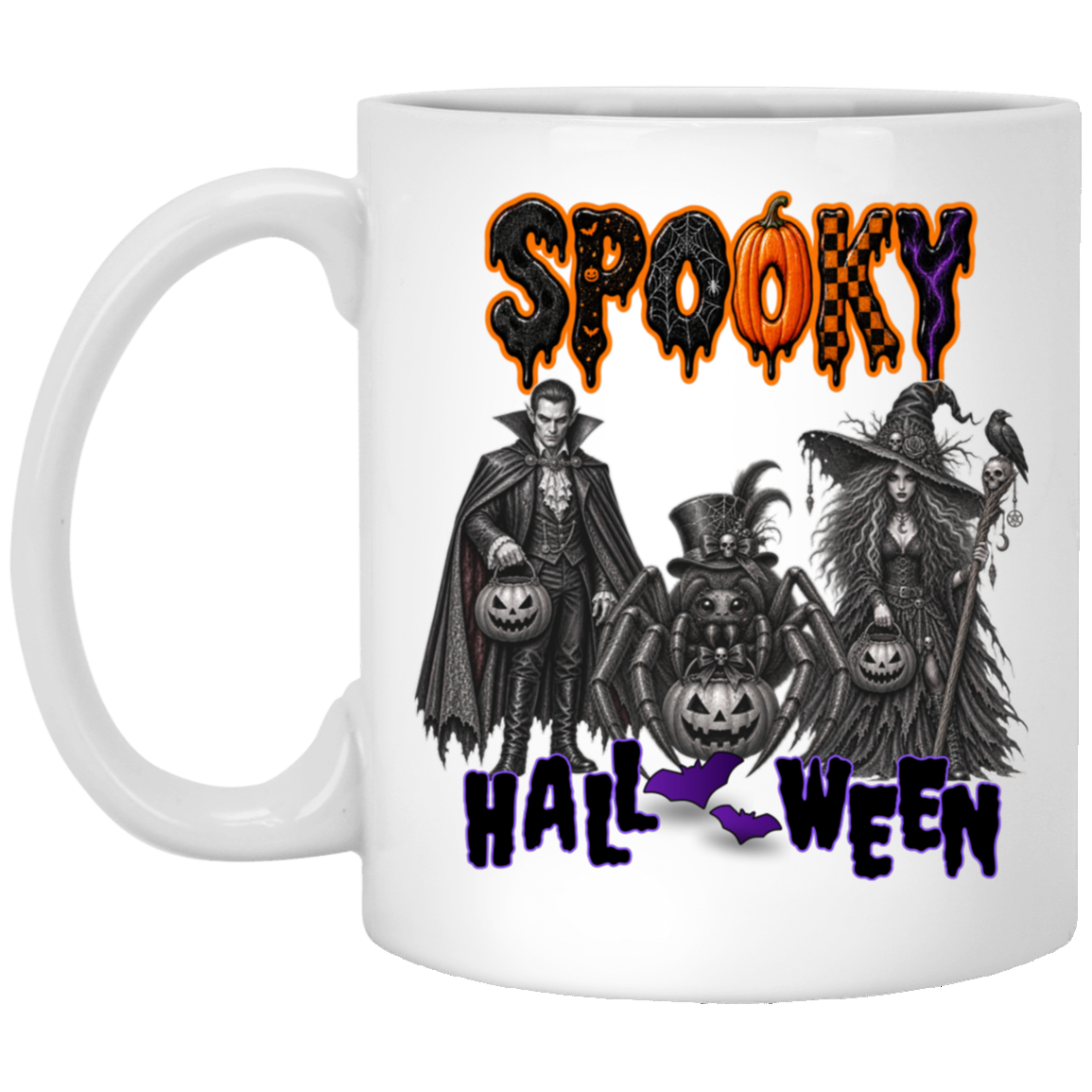 White 11 oz much featuring a Gothic Halloween design featuring a vampire, witch, and large spider surrounded by jack-o'-lanterns, ravens, skulls, spiderwebs, and gothic details, with bold dripping “SPOOKY” lettering in orange and black at the top and “HALLOWEEN” lettering in purple at the bottom on a transparent background
