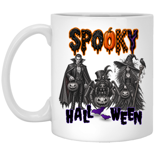White 11 oz much featuring a Gothic Halloween design featuring a vampire, witch, and large spider surrounded by jack-o'-lanterns, ravens, skulls, spiderwebs, and gothic details, with bold dripping “SPOOKY” lettering in orange and black at the top and “HALLOWEEN” lettering in purple at the bottom on a transparent background