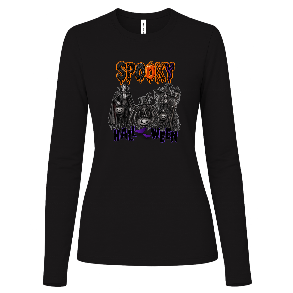 Black Long Sleeve Gothic Halloween design featuring a vampire, witch, and large spider surrounded by jack-o'-lanterns, ravens, skulls, spiderwebs, and gothic details, with bold dripping “SPOOKY” lettering in orange and black at the top and “HALLOWEEN” lettering in purple at the bottom on a transparent background