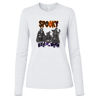White Long Sleeve Gothic Halloween design featuring a vampire, witch, and large spider surrounded by jack-o'-lanterns, ravens, skulls, spiderwebs, and gothic details, with bold dripping “SPOOKY” lettering in orange and black at the top and “HALLOWEEN” lettering in purple at the bottom on a transparent background