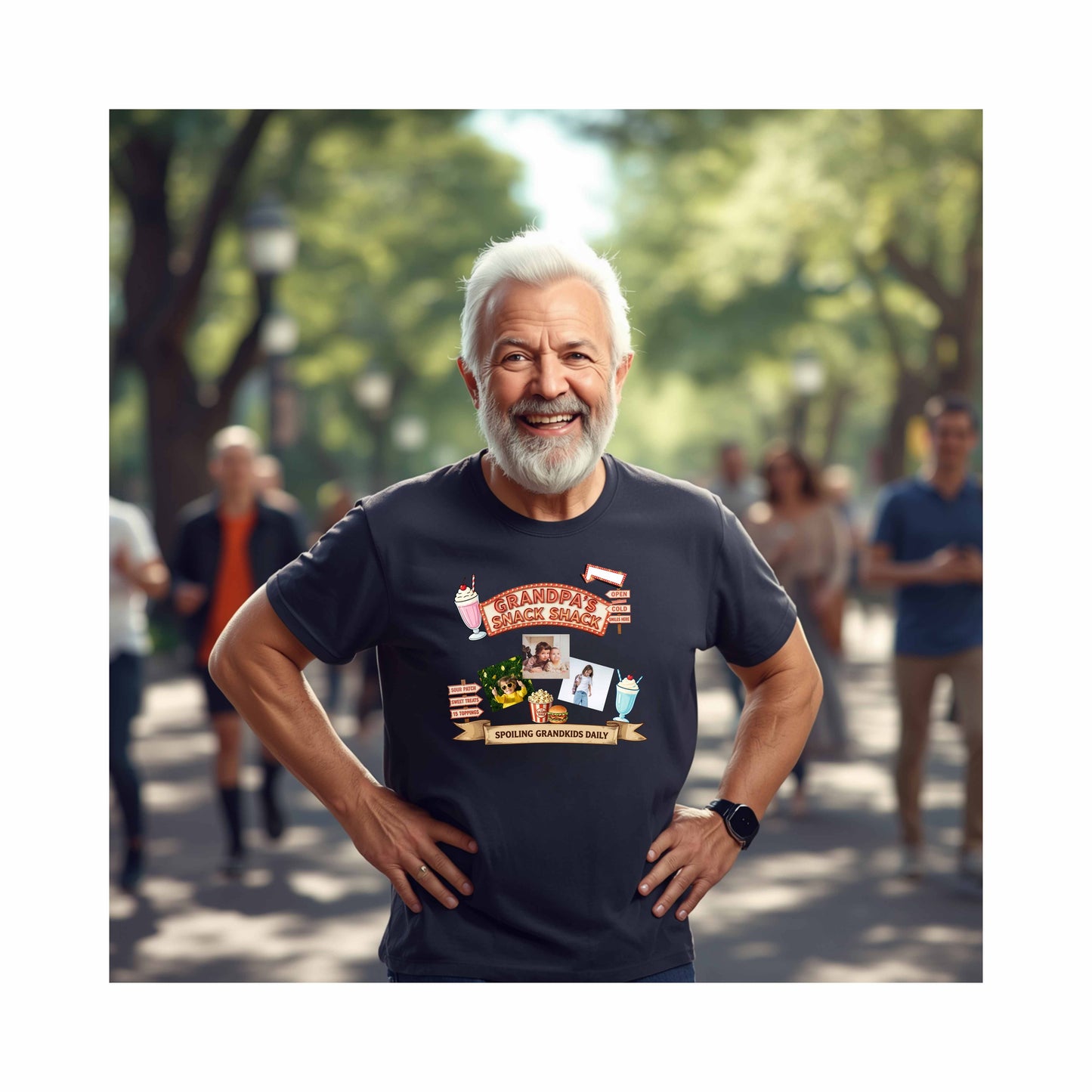 AI Generated man wearing a dark t-shirt featuring a fun retro snack stand graphic design complete with custom grandchild photos, vintage diner-inspired artwork, milkshakes, popcorn, burgers, and playful signage with text and images of people.in an outdoor setting