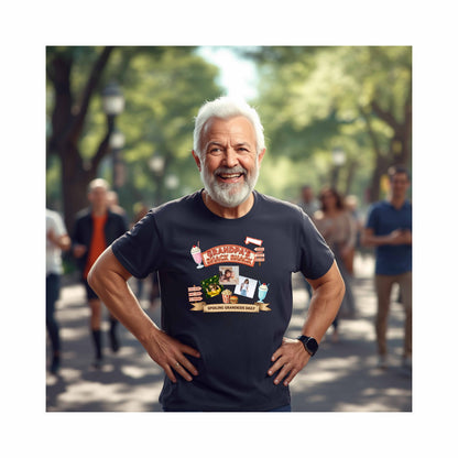 AI Generated man wearing a dark t-shirt featuring a fun retro snack stand graphic design complete with custom grandchild photos, vintage diner-inspired artwork, milkshakes, popcorn, burgers, and playful signage with text and images of people.in an outdoor setting