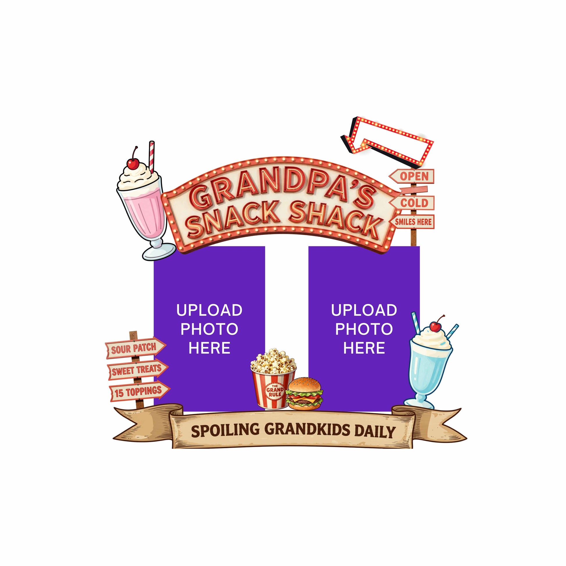 Illustration of 'Grandpa's Snack Shack' with ice cream and snack graphics on a white background.