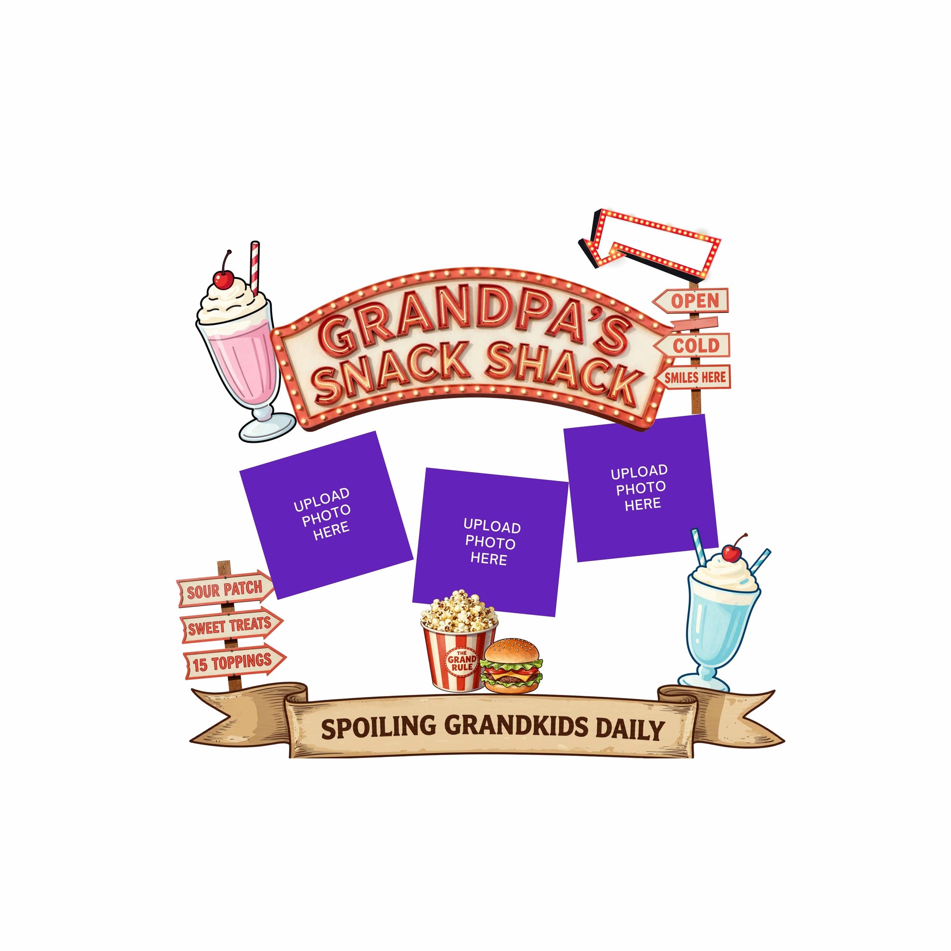 Illustration of 'Grandpa's Snack Shack' with food items and promotional text on a white background.