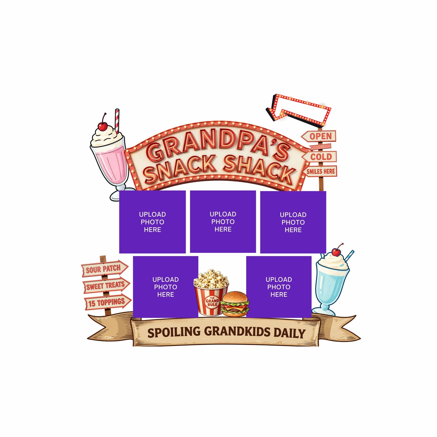 Illustration of 'Grandpa's Snack Shack' with ice cream and food items on a white background