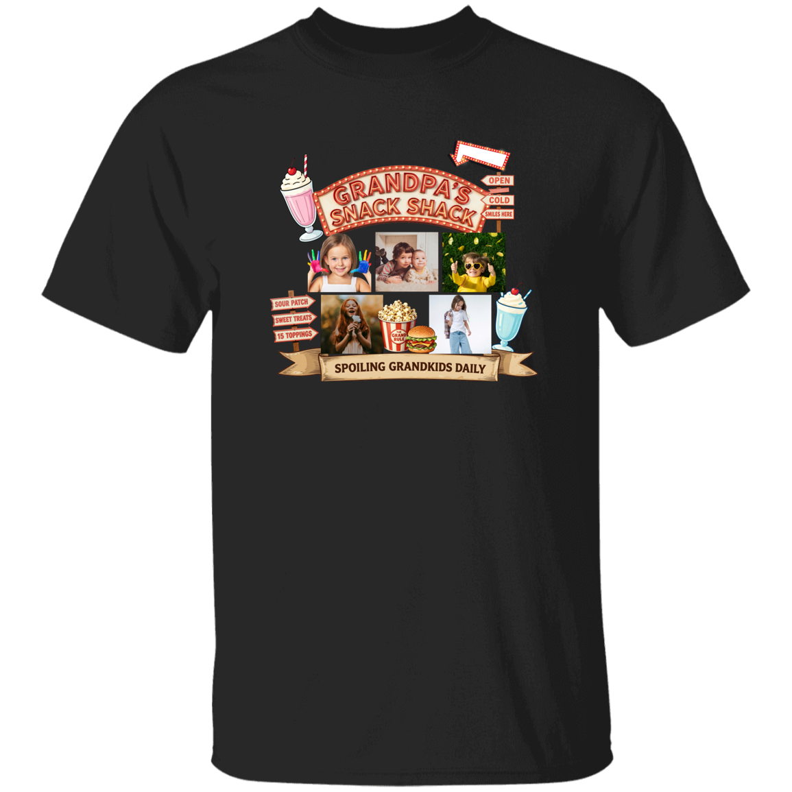 Black t-shirts featuring a fun retro snack stand graphic design complete with custom grandchild photos, vintage diner-inspired artwork, milkshakes, popcorn, burgers, and playful signage with text and images of people.