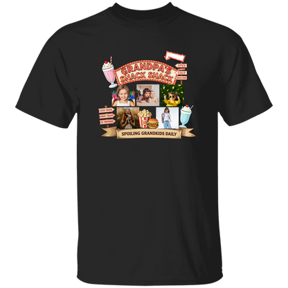 Black t-shirts featuring a fun retro snack stand graphic design complete with custom grandchild photos, vintage diner-inspired artwork, milkshakes, popcorn, burgers, and playful signage with text and images of people.