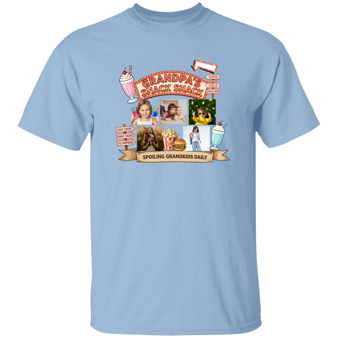 Light Blue t-shirts featuring a fun retro snack stand graphic design complete with custom grandchild photos, vintage diner-inspired artwork, milkshakes, popcorn, burgers, and playful signage with text and images of people.