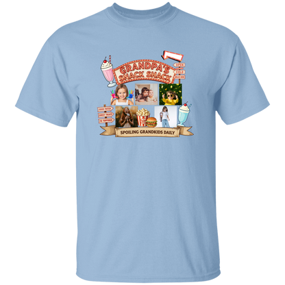 Light Blue t-shirts featuring a fun retro snack stand graphic design complete with custom grandchild photos, vintage diner-inspired artwork, milkshakes, popcorn, burgers, and playful signage with text and images of people.