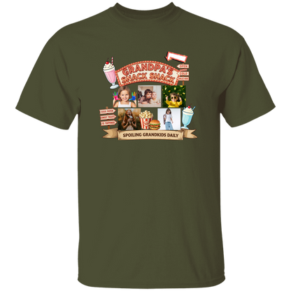 Military Green t-shirts featuring a fun retro snack stand graphic design complete with custom grandchild photos, vintage diner-inspired artwork, milkshakes, popcorn, burgers, and playful signage with text and images of people.