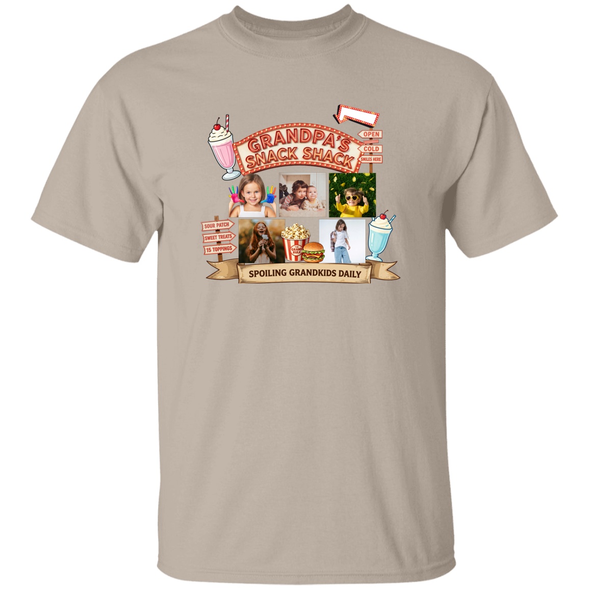 Sand colored t-shirts featuring a fun retro snack stand graphic design complete with custom grandchild photos, vintage diner-inspired artwork, milkshakes, popcorn, burgers, and playful signage with text and images of people.