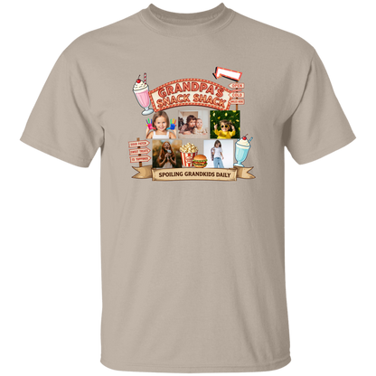 Sand colored t-shirts featuring a fun retro snack stand graphic design complete with custom grandchild photos, vintage diner-inspired artwork, milkshakes, popcorn, burgers, and playful signage with text and images of people.