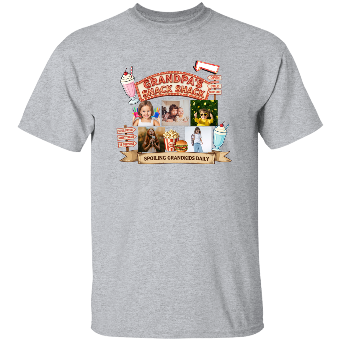 Sport Grey t-shirts featuring a fun retro snack stand graphic design complete with custom grandchild photos, vintage diner-inspired artwork, milkshakes, popcorn, burgers, and playful signage with text and images of people.