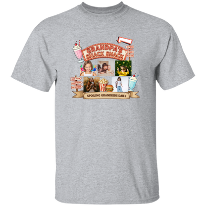 Sport Grey t-shirts featuring a fun retro snack stand graphic design complete with custom grandchild photos, vintage diner-inspired artwork, milkshakes, popcorn, burgers, and playful signage with text and images of people.
