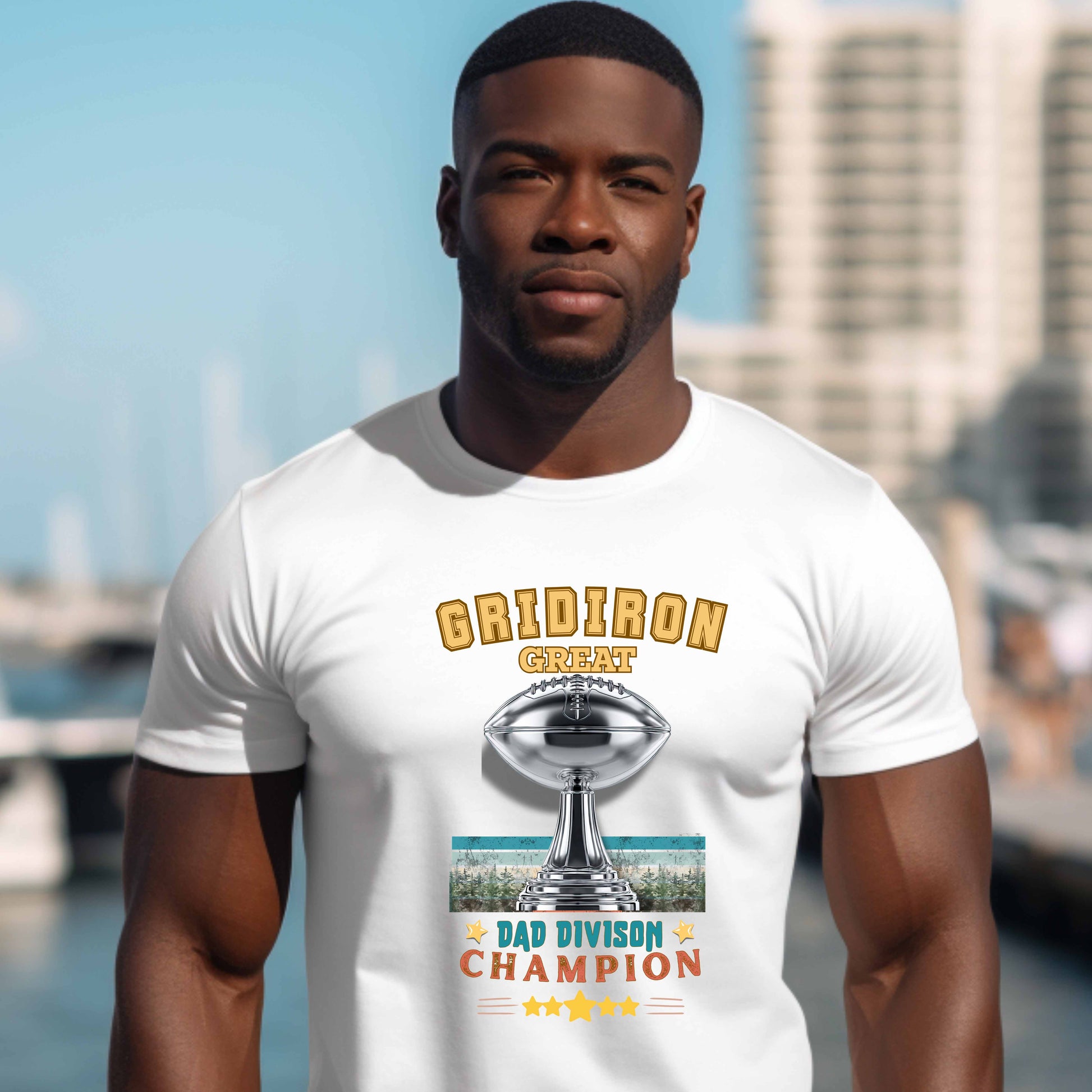 AI Generated African American man wearing a white t-shirt with 'Gridiron Great Dad Division Champion' design, standing against a cityscape background.