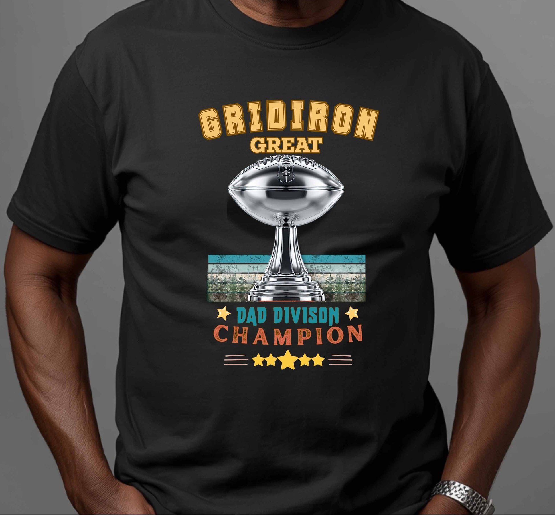 AI Generated African American man wearing a black t-shirt with 'Gridiron Great Dad Division Champion' design on a gray background.