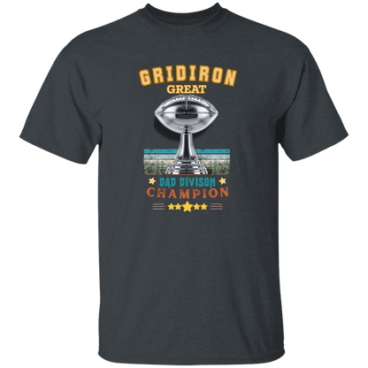 Dark Heather t-shirt with 'Gridiron Great Dad Division Champion' design on a gray and black checkerboard background.
