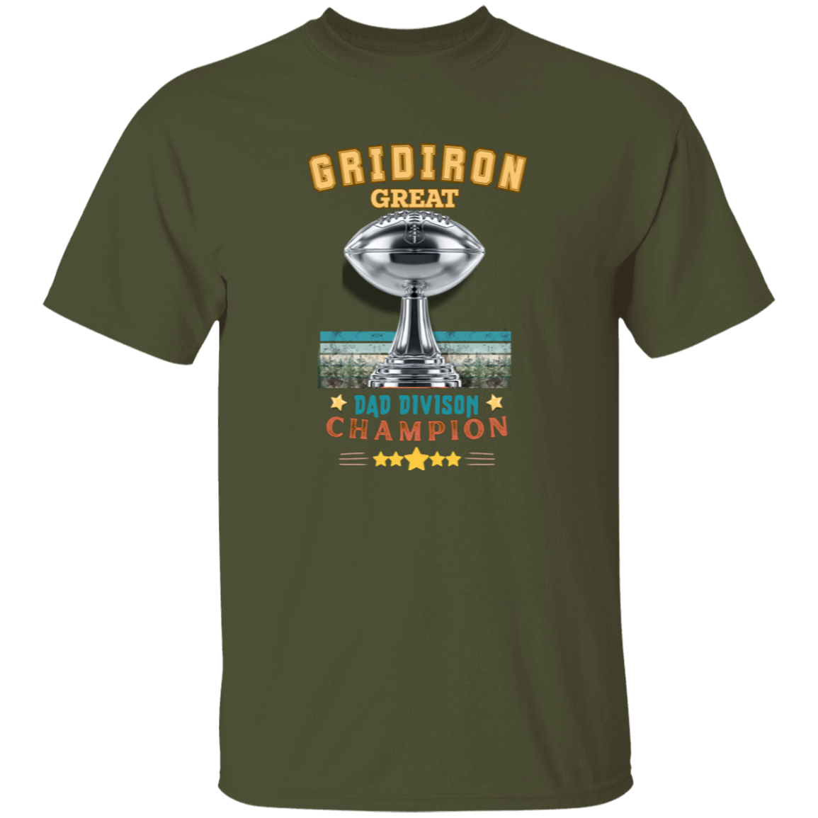 Military Green t-shirt with 'Gridiron Great Dad Division Champion' design on a gray and black checkerboard background.